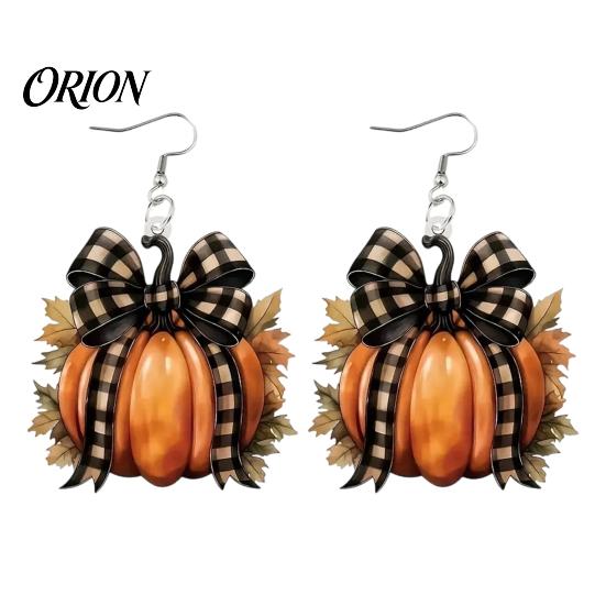 Fall Leaf Jewelry 1 Pair Pumpkin Earrings for Women, Acrylic Dangle Drop Fashion with Plaid Bow, Halloween Holiday Party Comfortable Hook