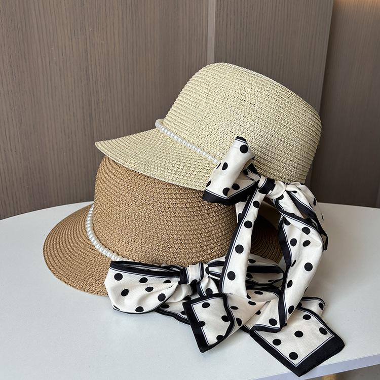 New Dome Duck Tongue Straw Hat Elegant Pearl Polka Dot Streamer Big Edge Beach Hat Seaside Travel Sun Protection Hat