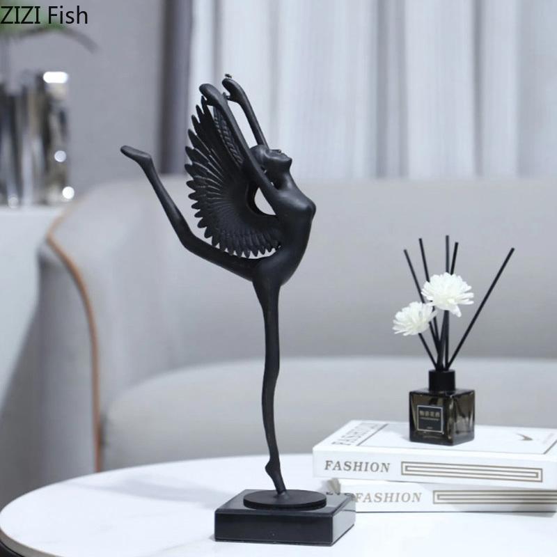Ballet Angel Black Figures Sculpture Marble Base Desk Decoration Abstract Dancer Character Metal Statue Room Aesthetic Decor