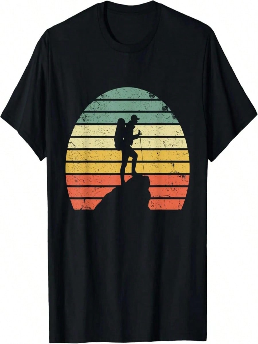 Vintage Hiking T Shirt Hiker On Rock Retro Sunset Silhouette T-Shirt S