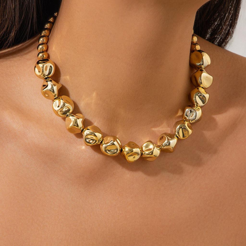 PuRui Vintage Gold Color Smooth Curved Neck Necklace for Women Elegant CCB Beads Necklace Bangle Banquet Zircon Aesthetic Gift