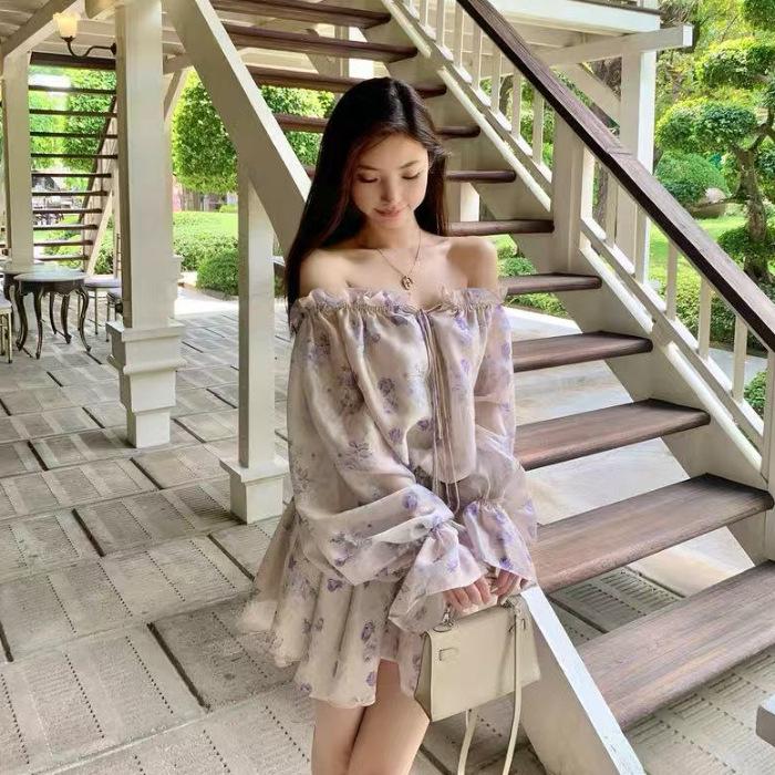 French Spring Floral One-Shoulder Dress - Spicy Girl Slimming Fairy Skirt Style Small платья с цветами