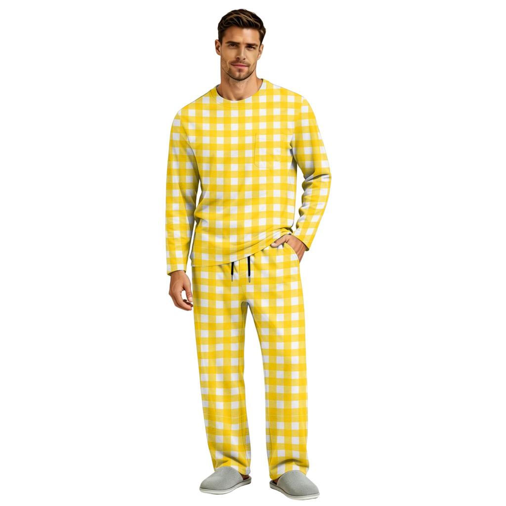Men's Pajama Set Long Sleeve Top and Long Pants with Button Crotch and Elastic Drawstring Waist for Home Loungewear