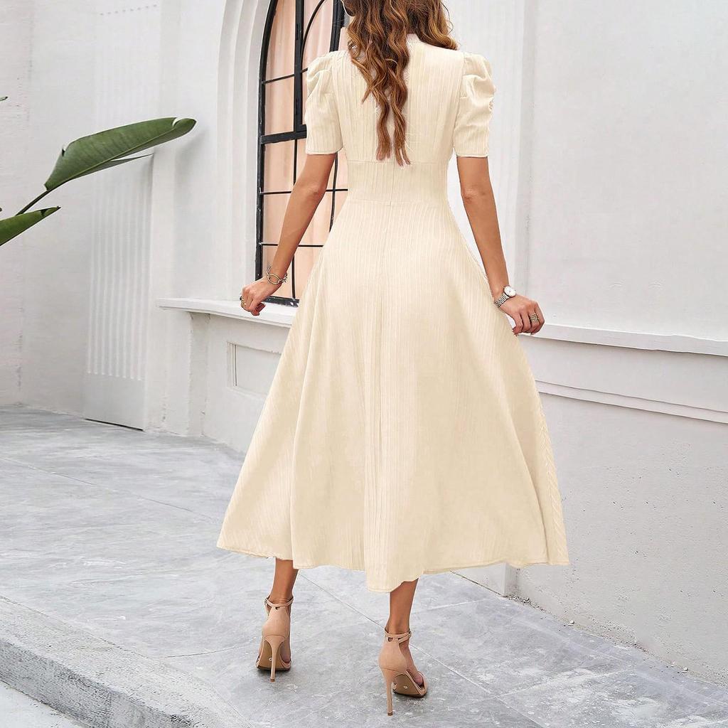2026 Spring Summer Women's High Waist Solid Color Waist-Cinching Short Sleeve Dress