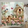 1pc Flower and Bird Shower Curtain, Butterfly Garden Simple Wooden Fence, Fashionable Modern Home Shower Curtain