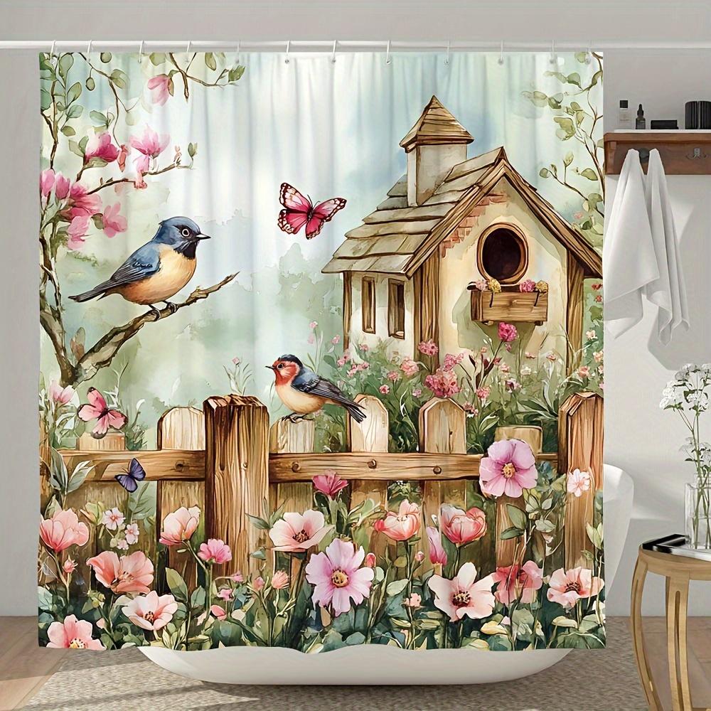 1pc Flower and Bird Shower Curtain, Butterfly Garden Simple Wooden Fence, Fashionable Modern Home Shower Curtain