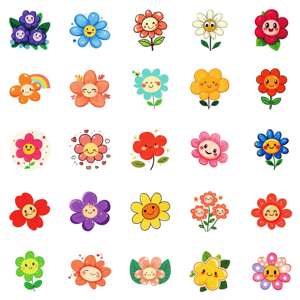 50 Cute Cartoon Smiley Face Flowers Stickers Non-Repeating Children'S Reward Stickers Hand Account Flat Decoration Material Stickers