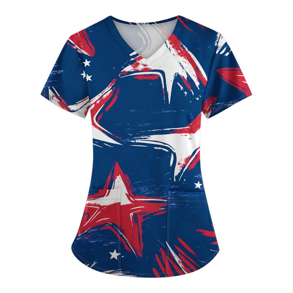 Damenmode V-Ausschnitt Kurzarm Overalls mit Taschen Unabhängigkeitstag Bedruckte Oberteile Kleidung