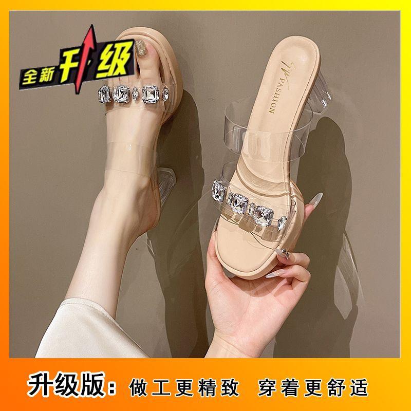 Crystal thick heel waterproof table transparent high heels with diamond slippers car show model catwalk night sandals 2025 new
