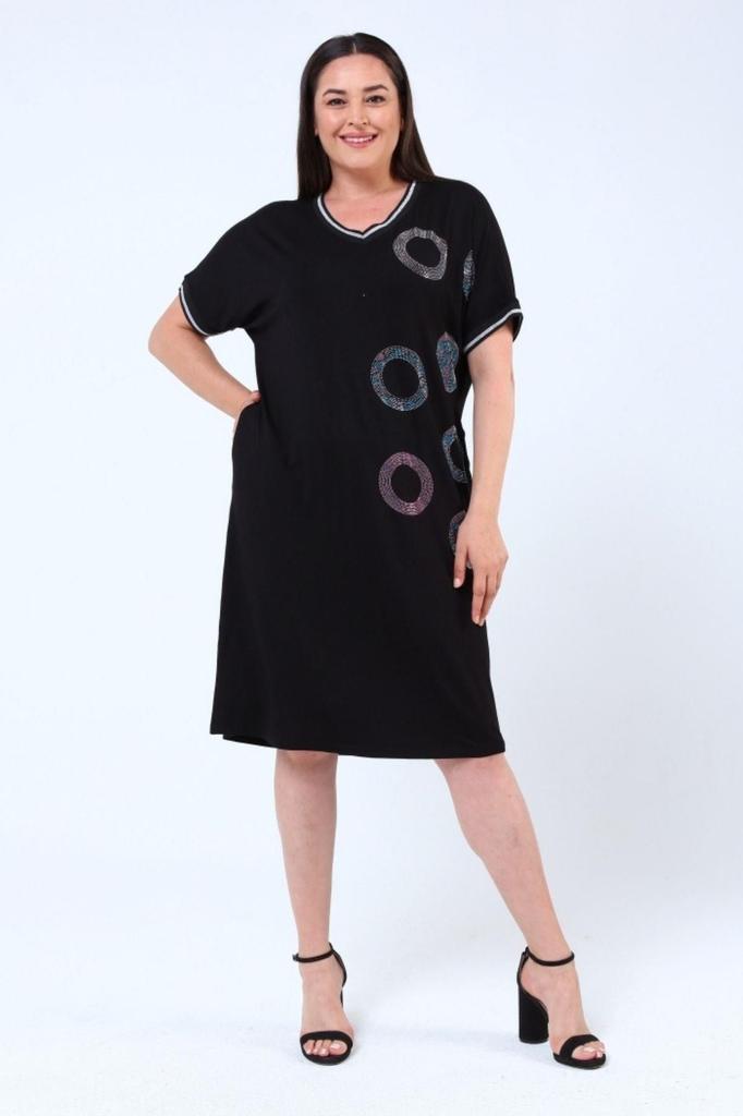 Damen Übergröße Kleid Plus Size Ringmuster Strass Schwarz