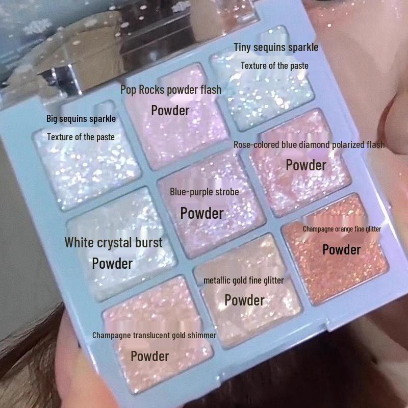 Worldly Wealth Flower: Super Sparkly Nine-Color Eyeshadow Palette with Shimmer and Pearlescent Glitter Highlights for Kids' Eye Makeup.