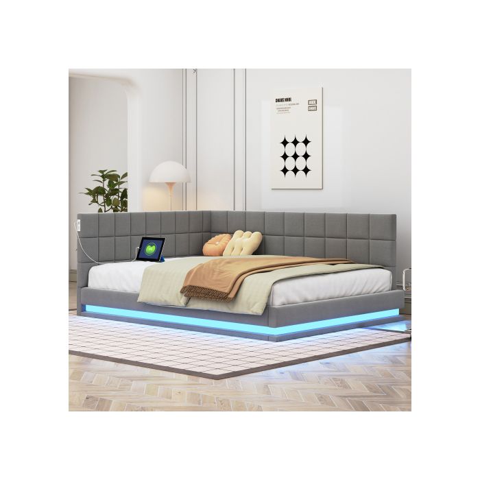Gepolstertes Bett Schlafsofa 140*200 Multifunktionales Bett mit LED-Lichtleiste, USB-Anschluss und Lattenrost