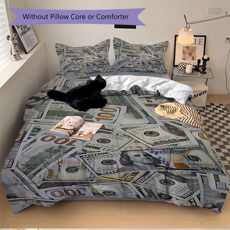 3pcs 100 Dollar Bill Print Comforter Set with 1 Quilt Cover and 2 Pillowcases (No Core) - Home Decor, Holiday Gift, Polyester Fabric, Anime Cartoon De