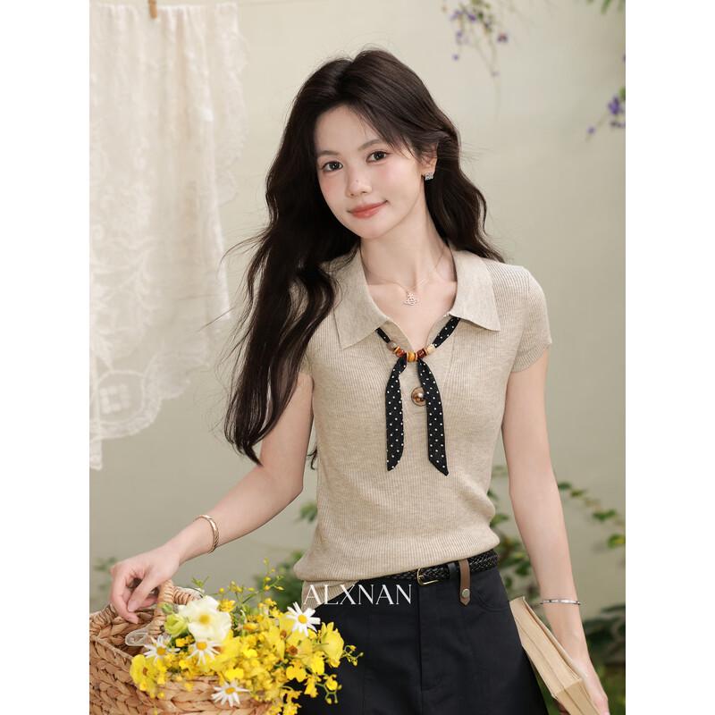 Women s Oatmeal Polo Knit Short-Sleeve Top M