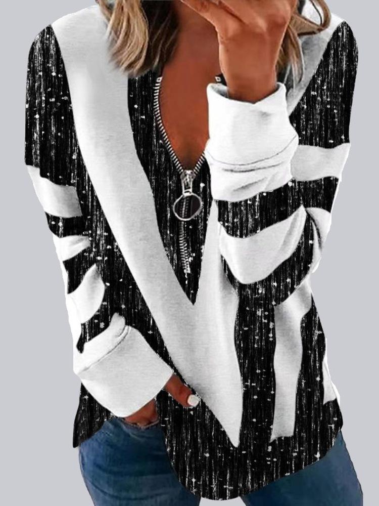 Casual Stand-Up Collar Zip Long-Sleeved Loose Pullover Digitally Printed Womens Sweater Comfortable Fit Trendy Versatile for Daily Wear