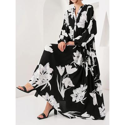 Elegant Noble Floral Print Black Robe - Arab Muslim Middle Eastern French Long Dress