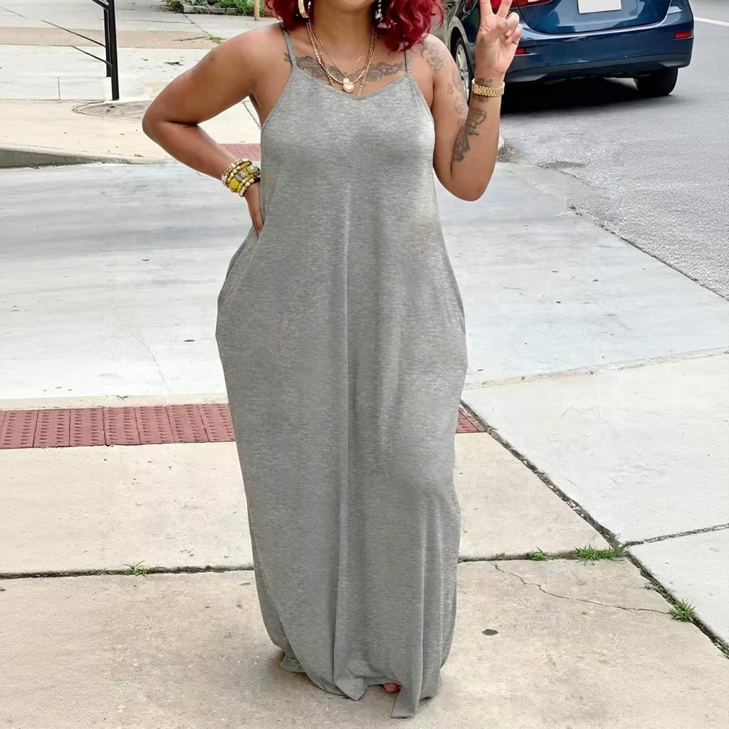 Women's Loose Fit Sleeveless Maxi Dress Casual Spaghetti Strap Relaxed Style Long Dress with Pockets for Summer Fashion