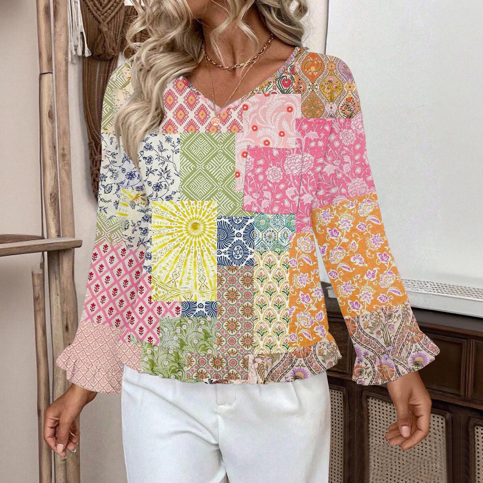 

Женский повседневный модный топ с оборками, V-образным вырезом, карманом и принтом в стиле ретро, с длинным рукавом M