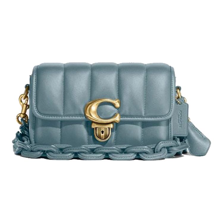 Coach Studio 19 Quilted C Logo Flap Chain Shoulder Bag Women Shoulder Bag Sage-Blue C7727-B4SG