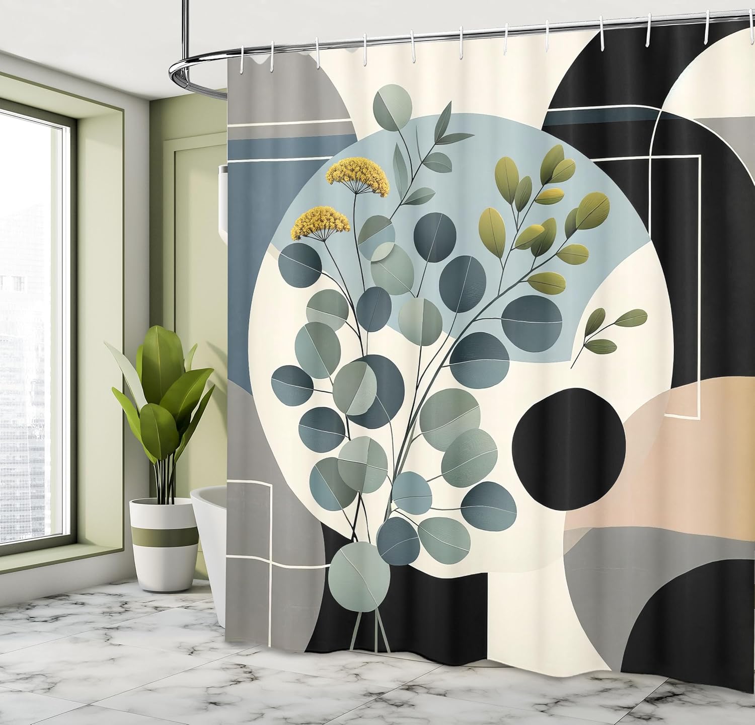 Eucalyptus Leaves Shower Curtain, Mid Century Modern Concept Botanical Motif in Cold Colors, Cloth Fabric Bathroom Dec 90x180cm