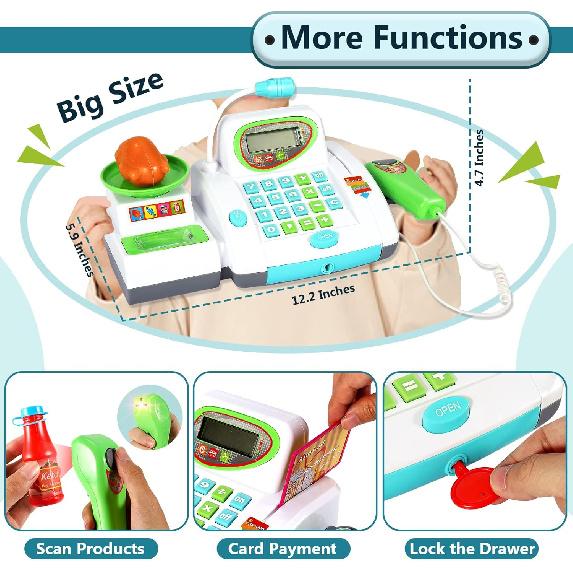 HERSITY Kids Toy Cash Register with Scanner and Microphone, Pretend Play Money Electronic Calculator Realistic Children's Supermarket Cashier Games