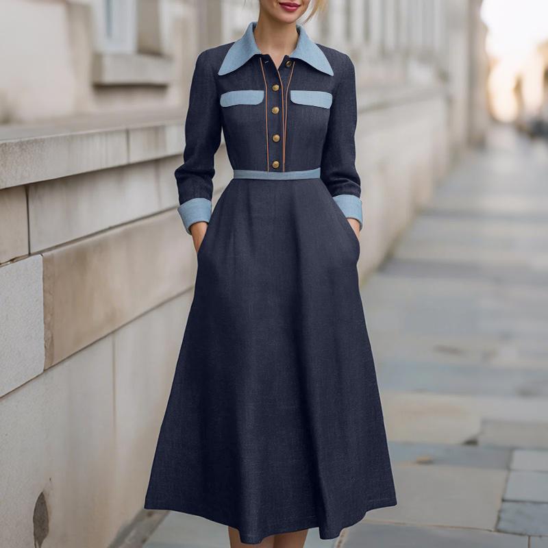 ZANZEA Vestido feminino casual gola virada para baixo solto manga comprida