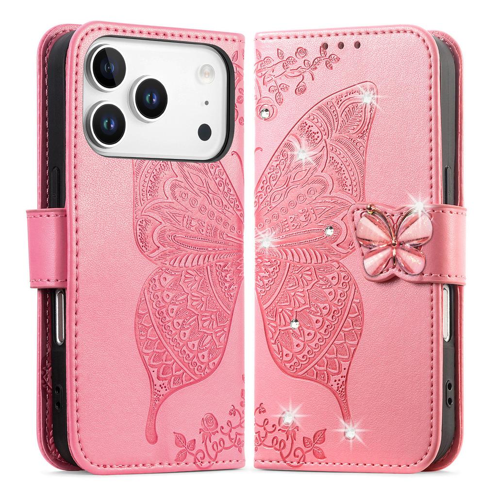 For iPhone 17 Pro Max Case 3D Rhinestone Decor Butterfly Flower Leather Phone Cover with Wrist Strap