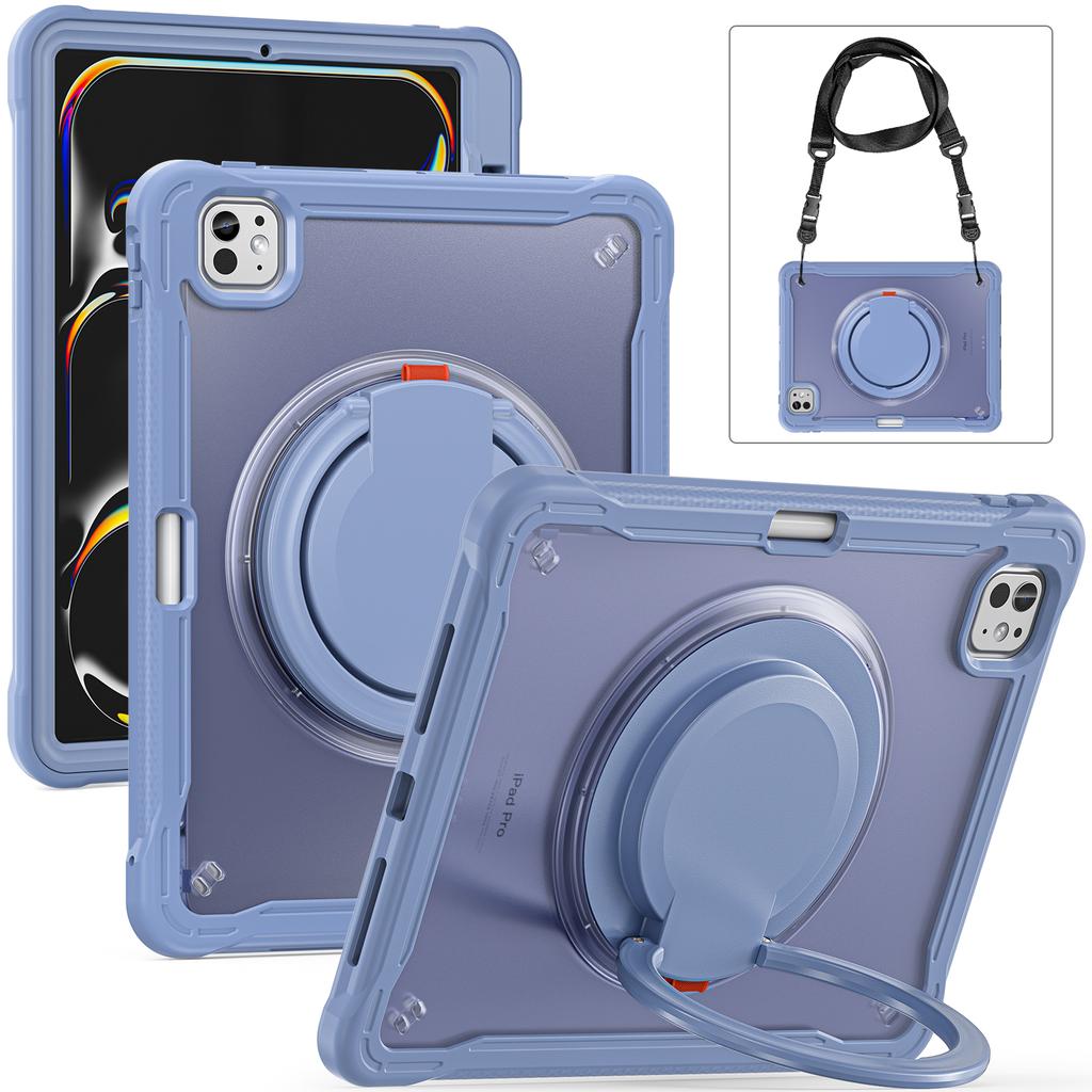 For iPad Pro 11 (2025)/11 (2024) Case Rotary Kickstand PC+TPU+Silicone Cover with Shoulder Strap