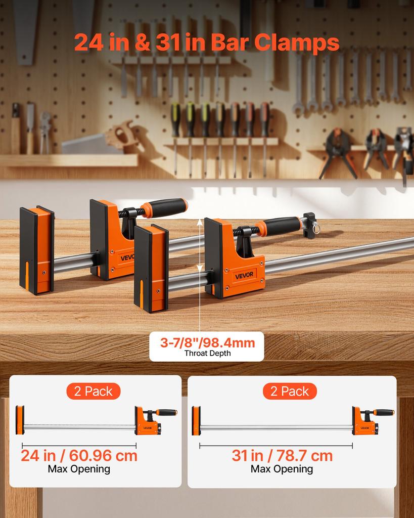 VEVOR Bar Clamps for Woodworking, 4-Pack, 60.96 cm and 78.7 cm F Clamps, 500 kg Load Limit, Clamp/Spreader 2 Modes, Soft Rubber Pads