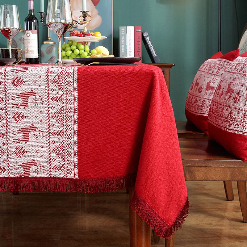 Cross Border American Christmas Knitted Jacquard Deer Red Tablecloth Big Red Tassel Table Cloth Rectangular Tablecloth