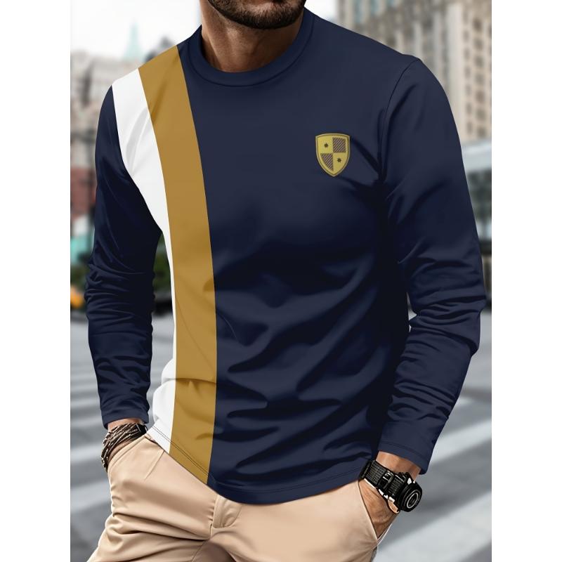 Autumn New Men's Casual Color Block Striped Round Neck Long Sleeve T-shirt Fashionable Pullover for Men Daily Wear Plus Size Top