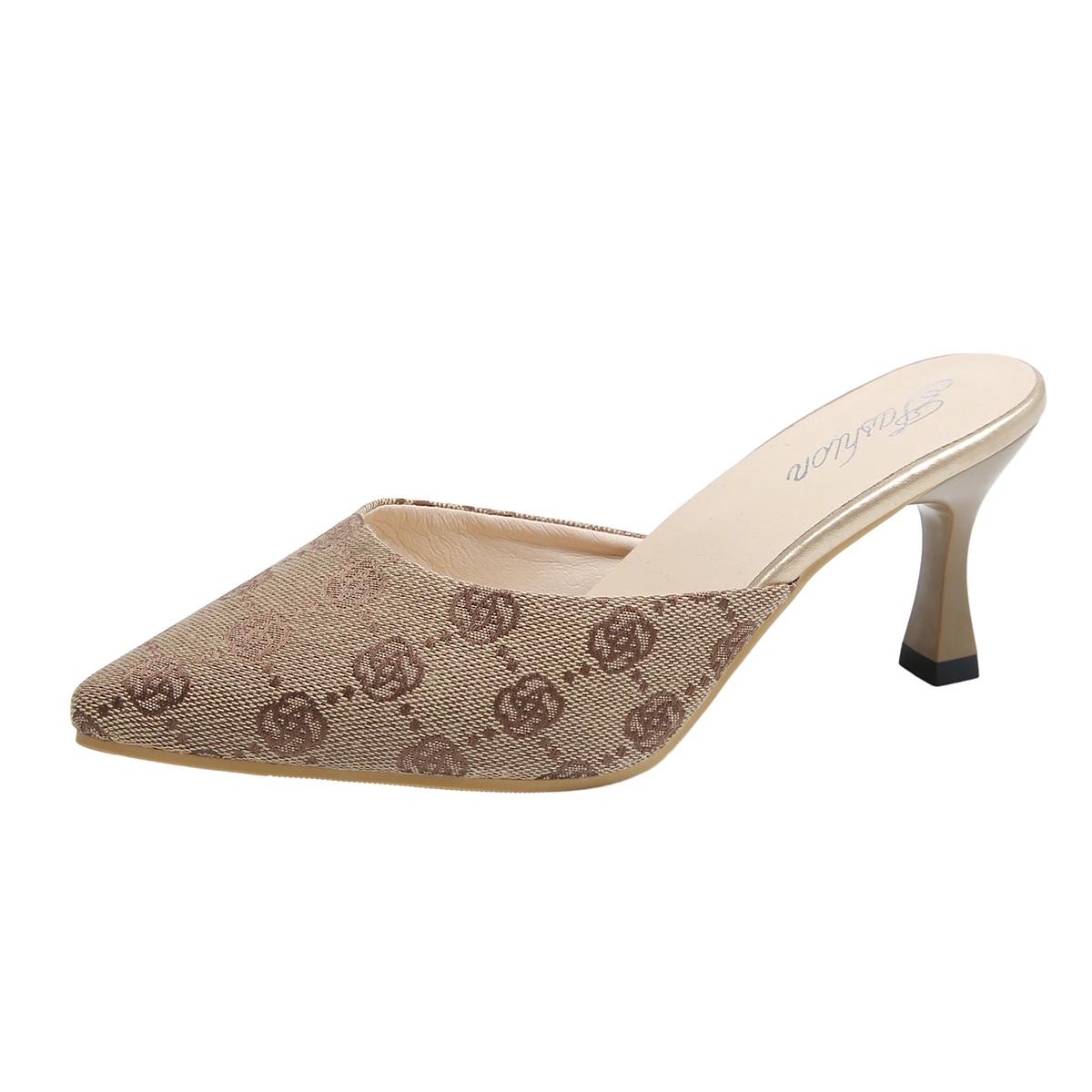 

Тапочки на каблуках Женские летние туфли Шлепанцы Женские остроносые тонкие каблуки Высокие каблуки Женские тапочки Уличная женская обувь Zapatos De Mujer 42 хаки