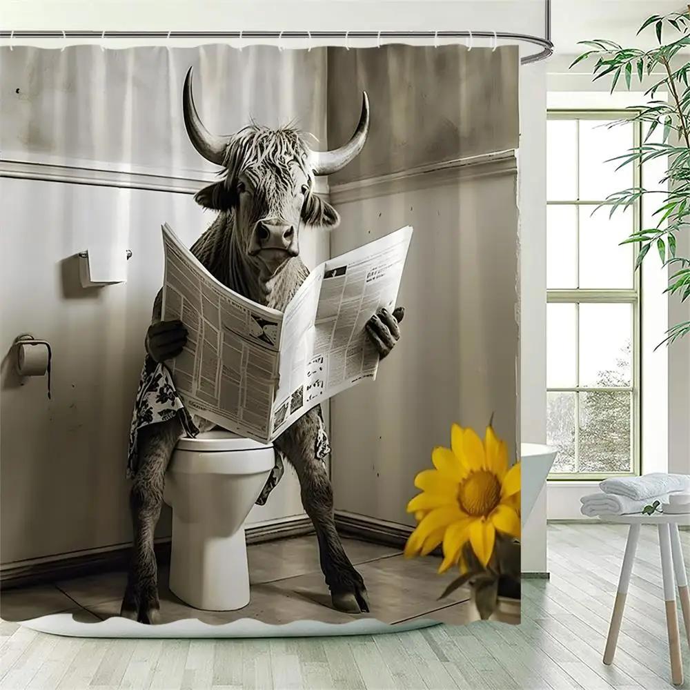 Funny Highland Cow Shower Curtains Farm Cattle Colourful Graffiti Art Bathing Animal Bath Curtain Fabric Bathroom Decor Hooks