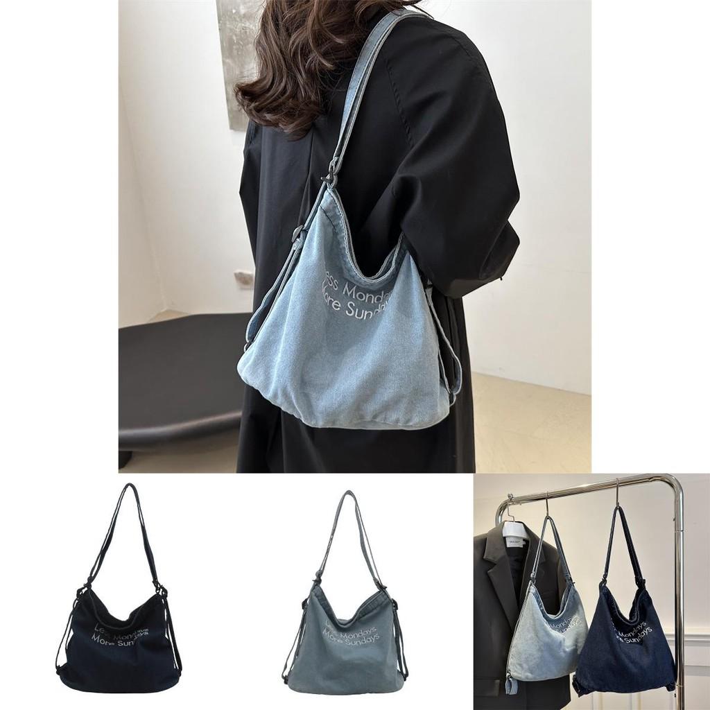 Large Capacity Vintage Minimalist Denim Shoulder Bag For Casual Commuting And Daily Outings