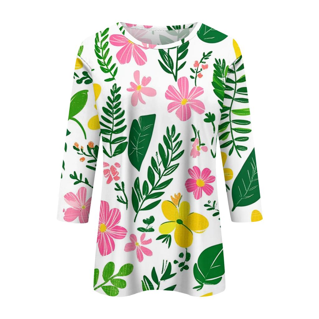 Ladies' Fashionable And Casual Seven Quarter Sleeve Floral Print Pullover Top