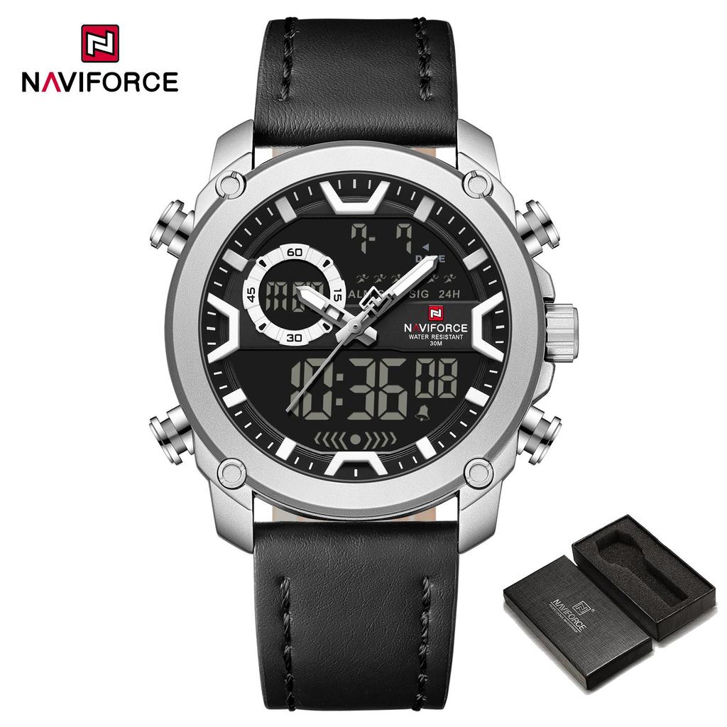 NAVIFORCE Original Men Quartz LCD Digital Watch Leather Strap Waterproof Luminous Pointer Calendar Date Men Boys Casual Watch NF9261