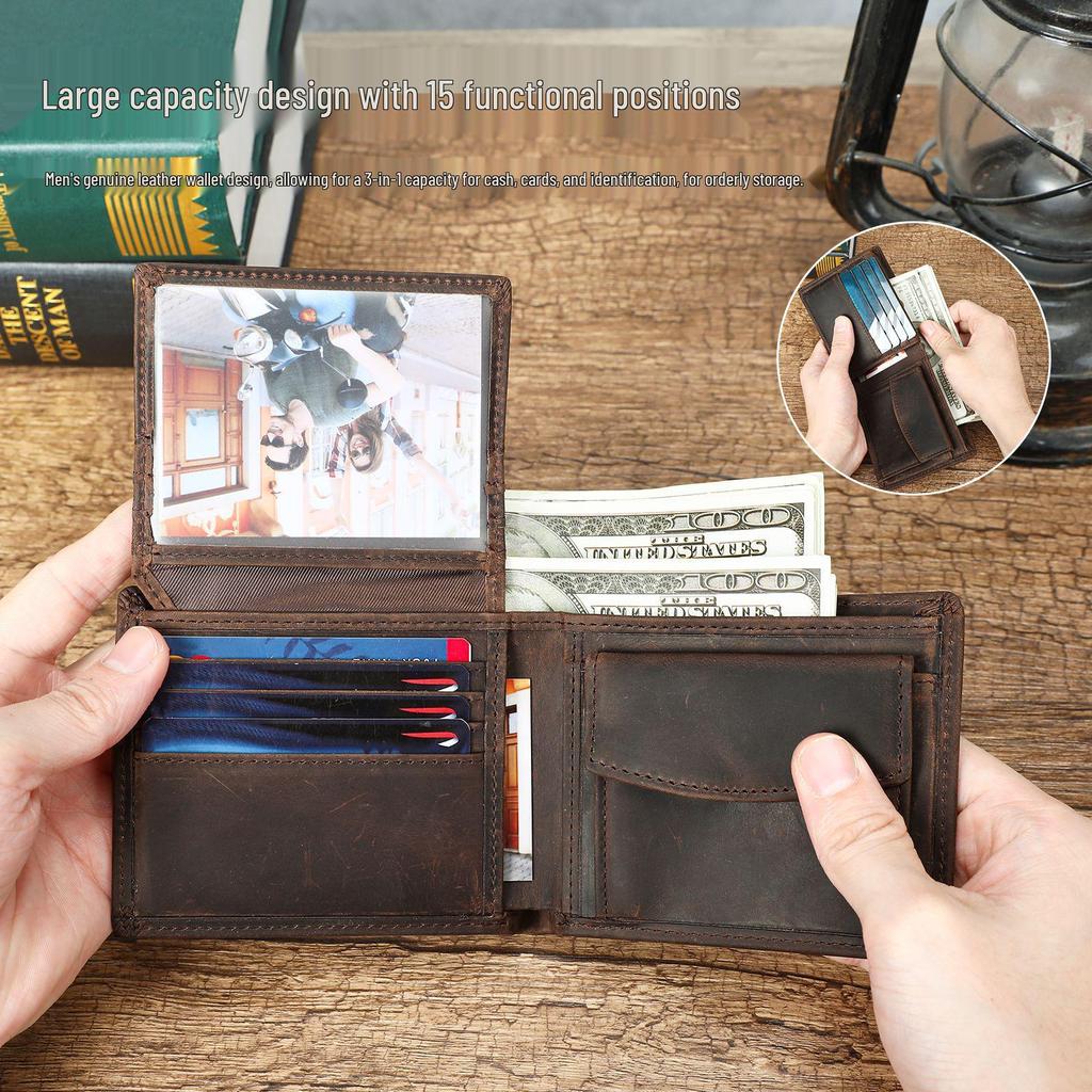 Men's Retro RFID Leather Wallet - Crazy Horse Genuine Leather, Anti-Theft, Embossed Card Holder, US Dollar Large Bill.