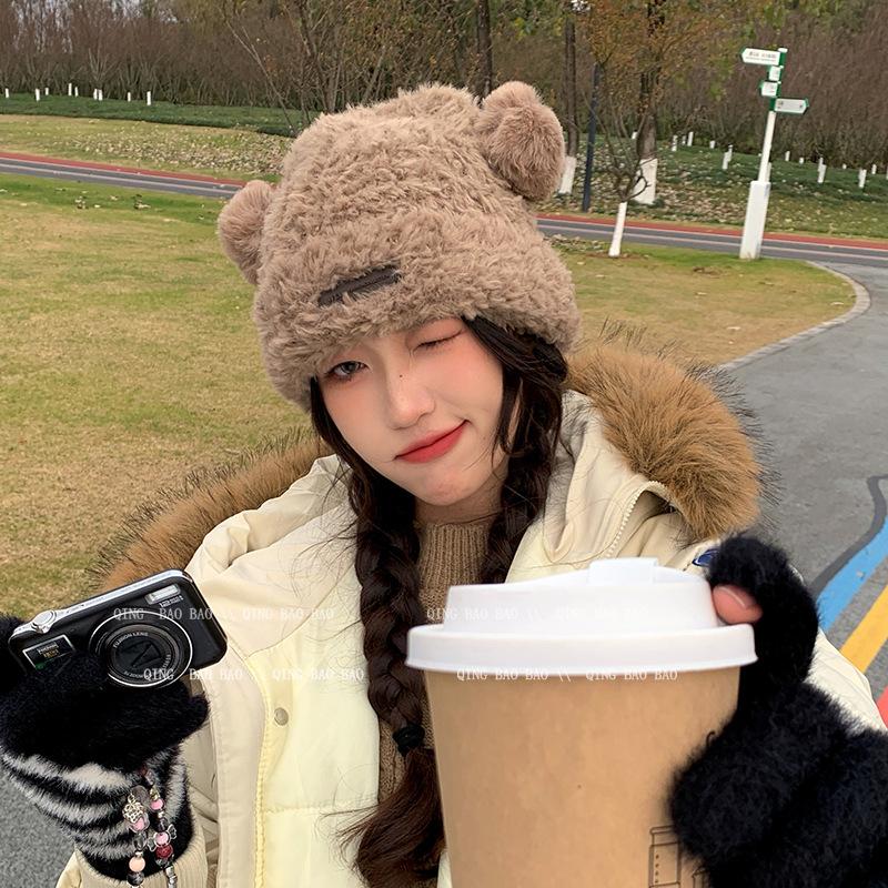 

Милая шерстяная шапка с мишкой женская зимняя высококачественная плюшевая теплая пушистая осенне-зимняя шапка вязаная для большого обхвата головы