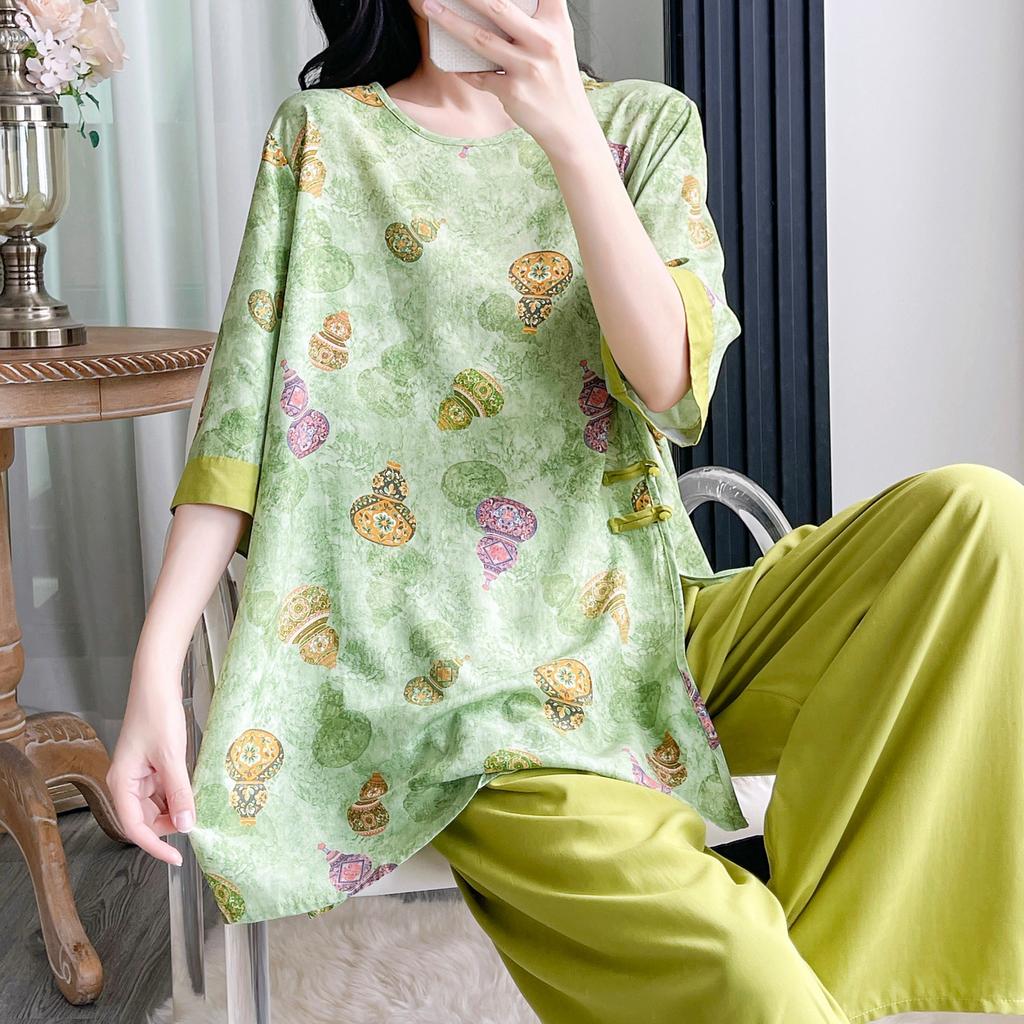 Hanfu pajamas women's spring summer new Chinese-style cotton and silk suit cotton silk medium-sleeved loose loungewear can be worn thin
