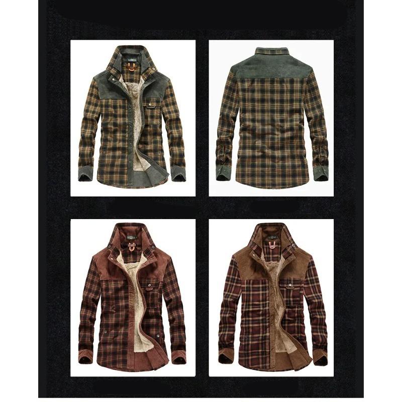 Men's Winter Warm Shirts Coats Plaid Thickened Fleece Jacket Fashion Windproof Stand Collar Shirt Men