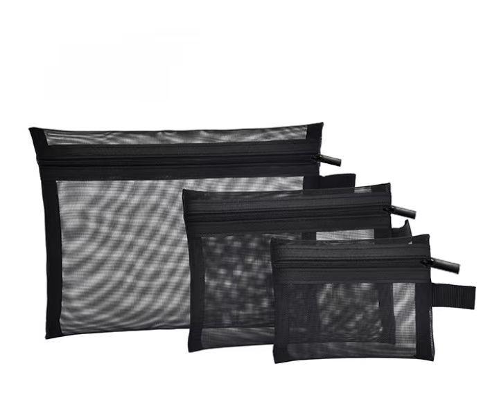Black Mesh Makeup Bag Set: Side-Opening, Portable Lipstick & Touch-Up Storage In Large, Medium, Small Sizes