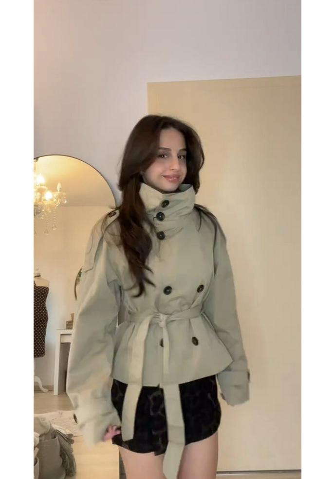 2025 Retro Design Double-Breasted Belted Short Trench Coat