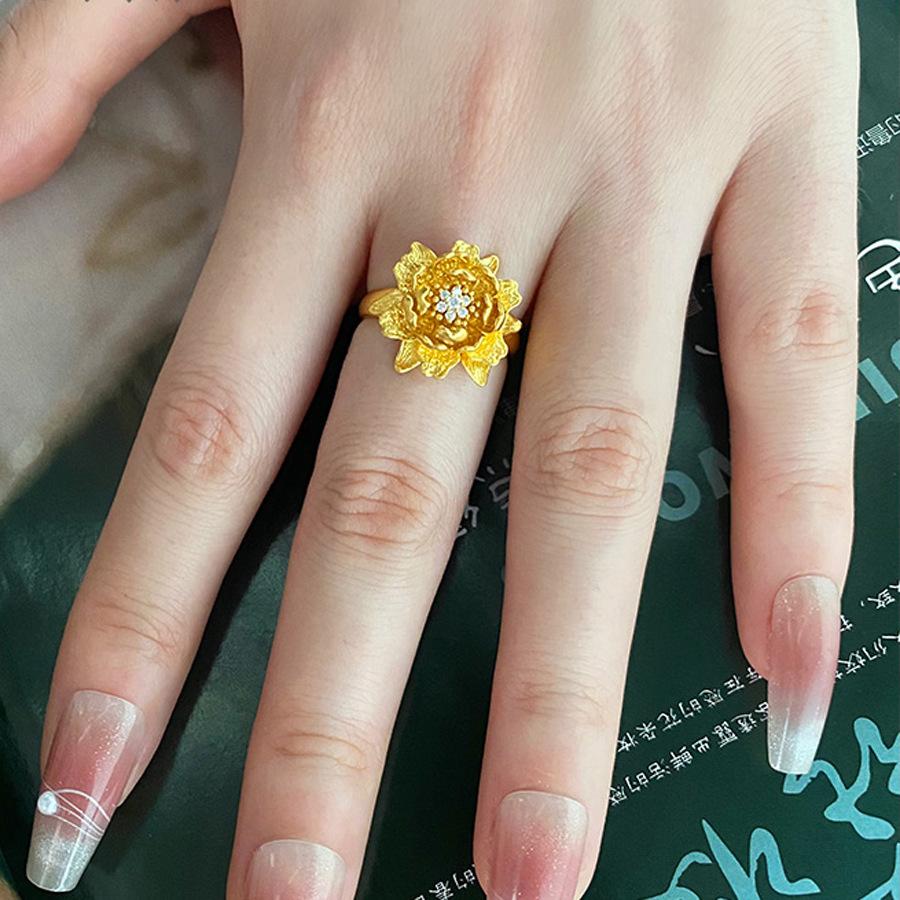 24K Ancient Gold Zircon Lotus Open Ring, New Chinese Light Luxury Exquisite Design Ring, Personalized Niche Jewelry