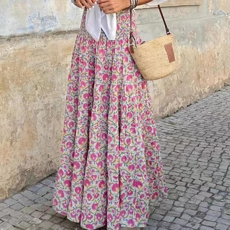 Fashion New Vintage Floral Print Skirt Women High Waist Elegant A Line Casual Skirts Female Summer Beach Loose Lady Long Shirt Women Clothing 24351
