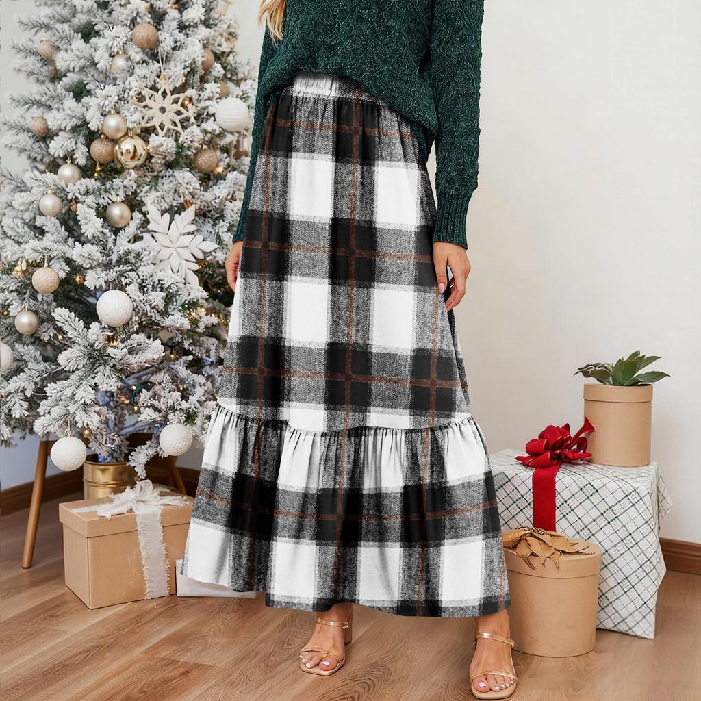 Women's Ruffled Casual Long Skirt Plaid Skirt Retro Pleated Skirt