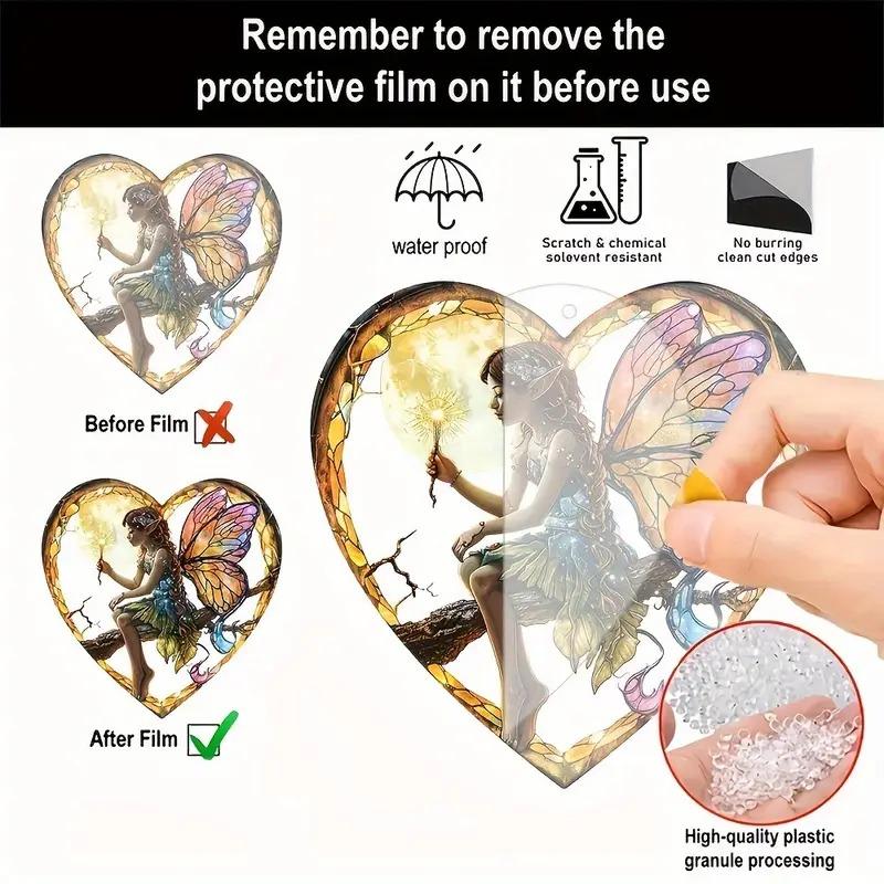 New 1pcs Magical Fairy Magic Night Fairy Suncatcher Stained Glass Acrylic Heart Wall Hanging Home And Garden Outdoor Decor