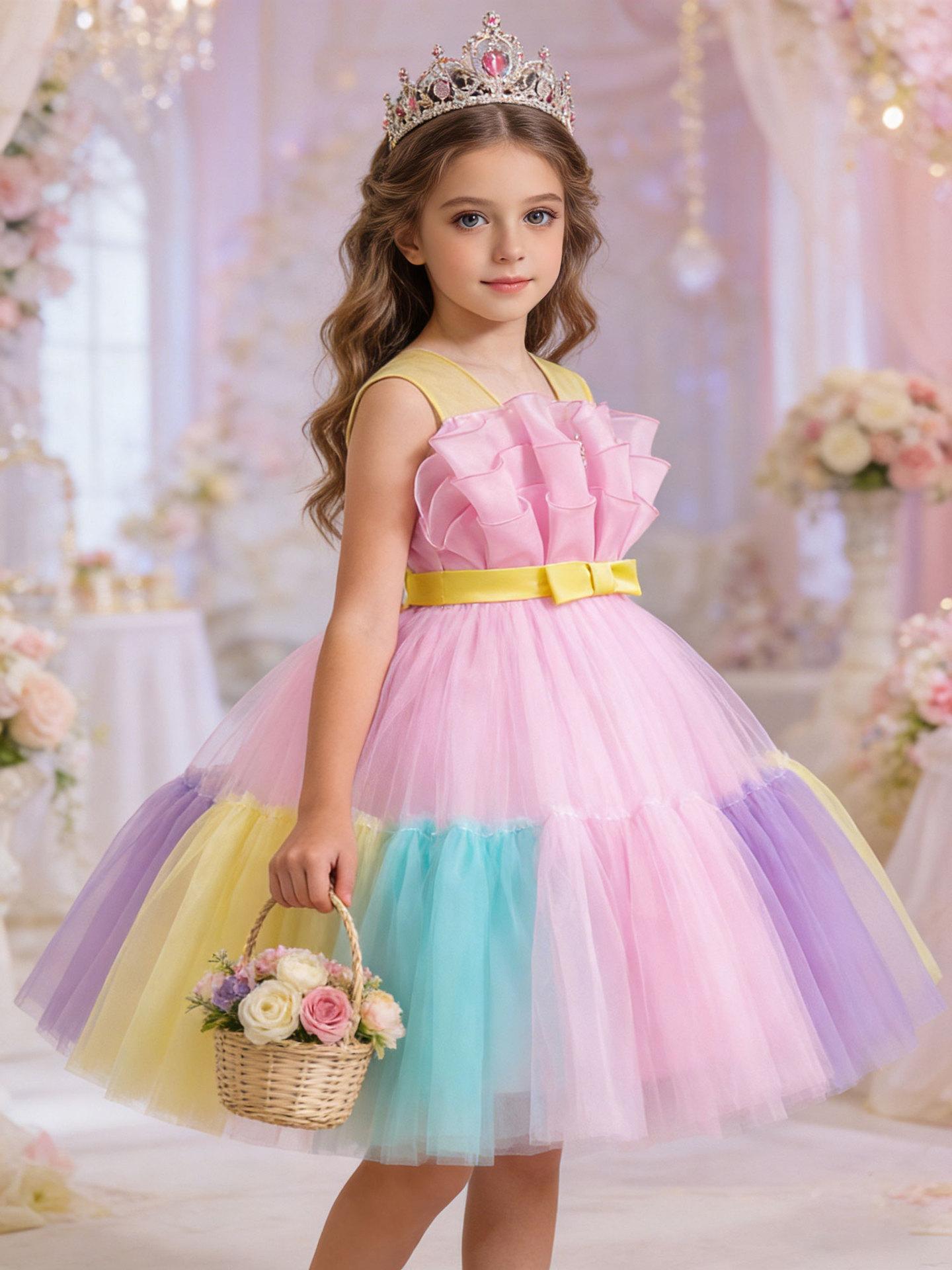 

Girls Colorful Patchwork Princess Dress Sleeveless Color Block Bow Tie Dress Runway Piano Performance Party Dress 150cm червоний