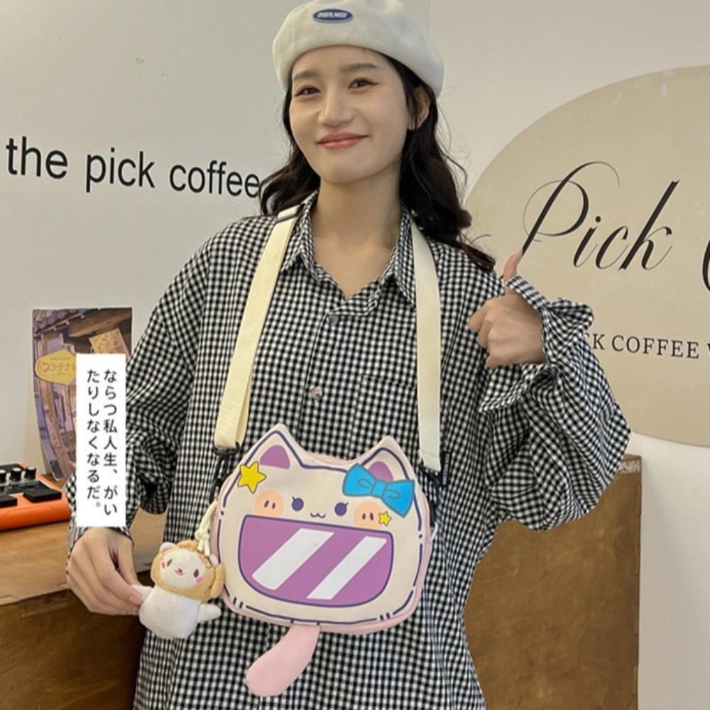 Bowknot Print Cartoon Cat Shoulder Bag Patchwork Cat Shape Coin Purse Bag Students