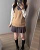 QOOLY Cute Sleeveless Knit Sweater Set for Junior High School Perfect for and Khaki Long Size Students, Welcome/Farewell Parties, Graduations, More.