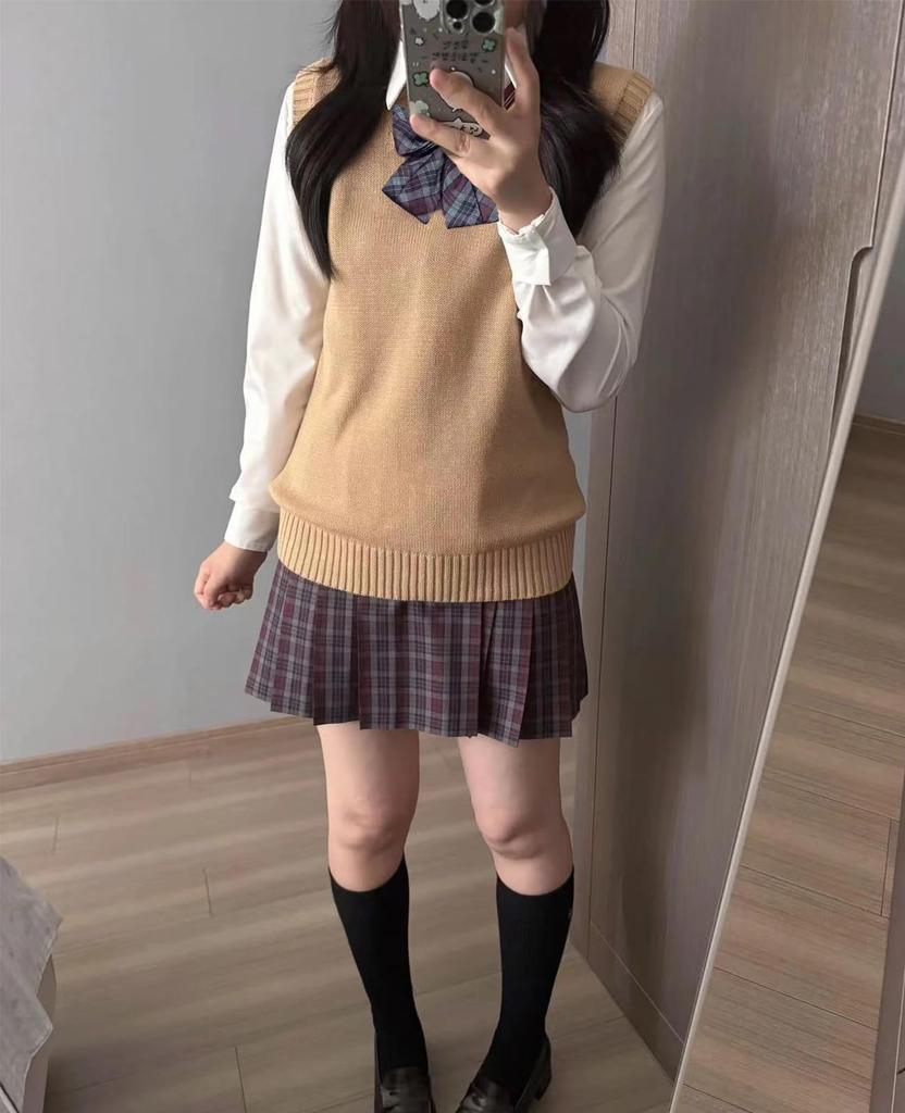 QOOLY Cute Sleeveless Knit Sweater Set for Junior High School Perfect for and Khaki Long Size Students, Welcome/Farewell Parties, Graduations, More.